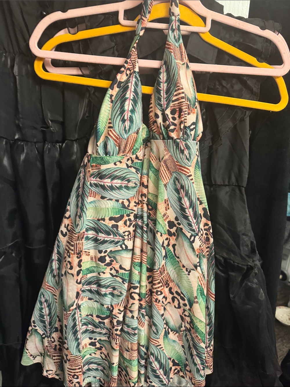 Halter One-Piece Swimdress in Green Leaf Print